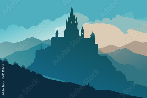 Mysterious silhouette of a gothic castle perched on a cliff overlooking layered mountains under a cloudy sky