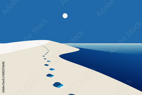 Footprints leading across a sandy beach towards the ocean under a bright moonlit sky
