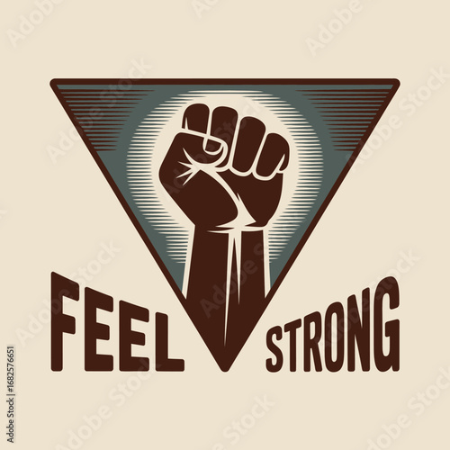 Powerful clenched fist raised in a triangle emblem with the words feel strong below symbolizing strength resilience and determination in a retro vintage style