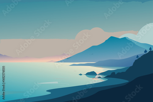 Serene coastal landscape with layered blue mountains and calm turquoise water reflecting the soft colors of dawn or dusk
