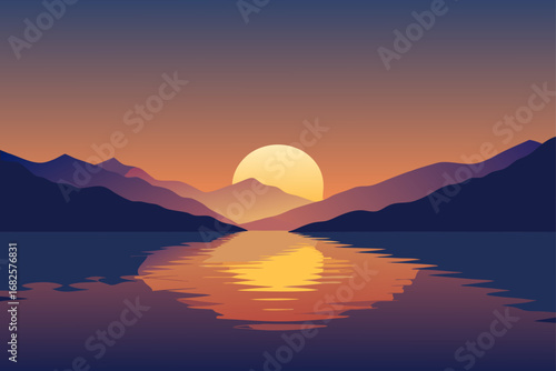Serene mountain landscape with a vibrant sunset reflecting on a calm lake at dusk