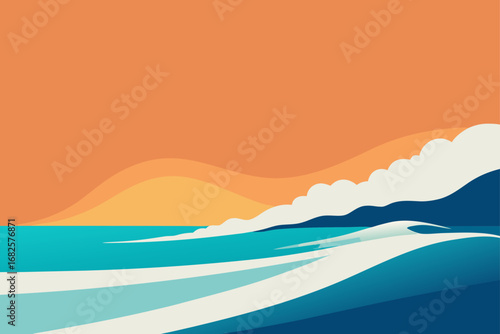 Stylized abstract ocean waves and a warm orange sky with rolling hills in the distance