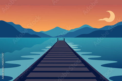 Serene sunset over a calm lake with a wooden pier leading into the water and distant mountains under a crescent moon