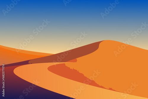 Stylized desert landscape with rolling sand dunes under a gradient sky at sunset or sunrise