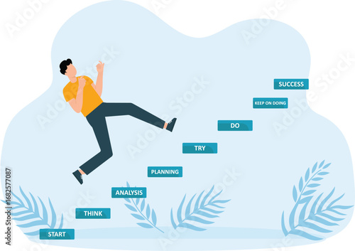 Female manager animation carrying an umbrella and suitcase while climbing staircase with strategy plan toward success concept
