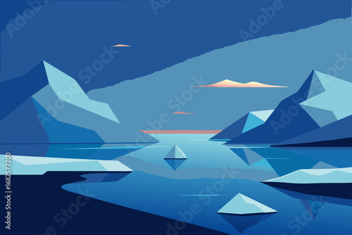 Geometric landscape with icebergs and a sailboat on a calm blue ocean under a twilight sky
