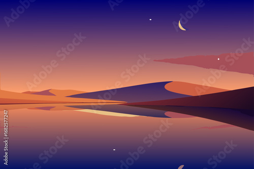 Serene desert landscape with rolling dunes reflected in a calm lake under a twilight sky with a crescent moon and stars