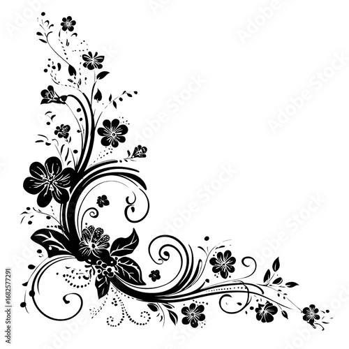 corner swirls, floral  Ornate corner design element with swirls and flowers, Decorative swirls and flourishes, simple swirls, decorative swirl border, Transparent background
