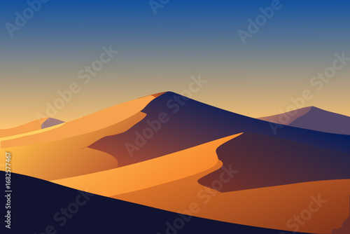 Stylized minimalist desert landscape with rolling sand dunes under a gradient sky at sunset or sunrise