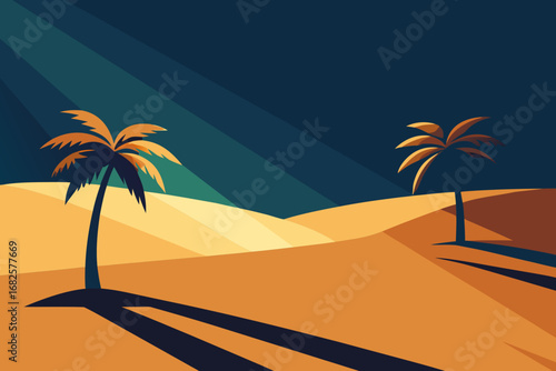 Stylized desert landscape with two palm trees casting long shadows under a dark blue sky with rays of light