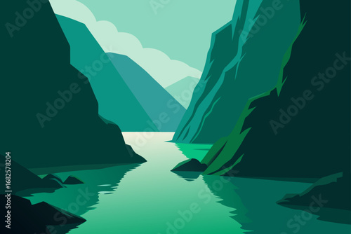 Serene green mountain gorge with a calm river reflecting the sky and surrounding cliffs