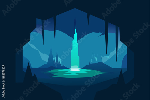 Stylized illustration of a glowing waterfall cascading into a serene pool within a dark cavernous landscape