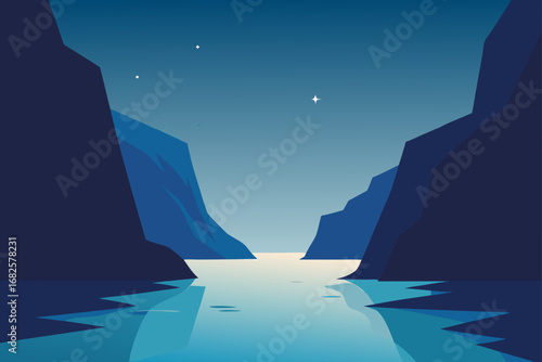 Serene minimalist landscape of a calm body of water between steep dark blue cliffs under a starry night sky