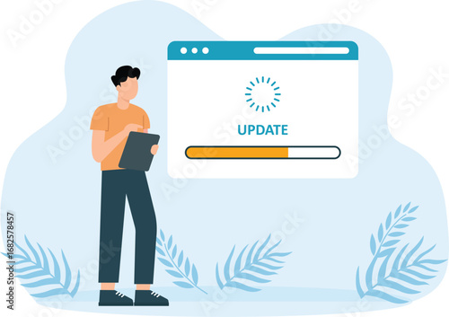 Flat style vector illustration. Fix System Update Change New Version. Install the update process with the character of a person. Suitable for web landing pages, ui, mobile apps, banner templates.
