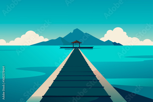Flat design illustration of a long pier leading to a gazebo on the water with mountains and clouds in the background