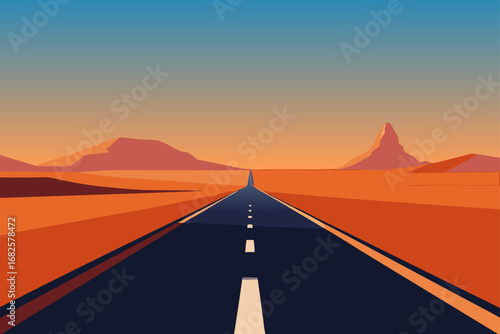A minimalist flat illustration of a straight desert highway stretching towards distant mountains under a gradient sky at sunset