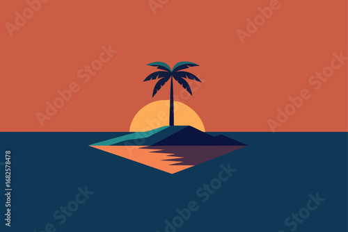 Minimalist vector illustration of a solitary palm tree on a small island during a vibrant sunset over the ocean