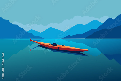 Serene orange kayak floats on calm blue water with distant mountain reflections and cloudy sky