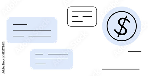 Dollar sign icon alongside various text boxes emphasizing financial messaging, transactions, or budgeting. Ideal for finance, banking, payment systems, accounting, business strategy, money