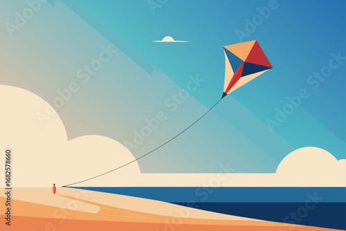 A solitary figure stands on a sandy beach flying a colorful kite against a vast blue sky with soft clouds