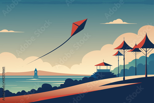 A solitary kite soars high above a serene coastal landscape with a lighthouse and scenic pavilions on a clear day