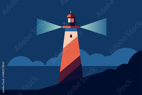 Stylized lighthouse with beams of light cutting through the dark night sky and sea