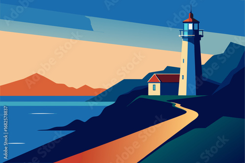 Stylized illustration of a lighthouse and building on a coastal cliff overlooking the ocean at sunset