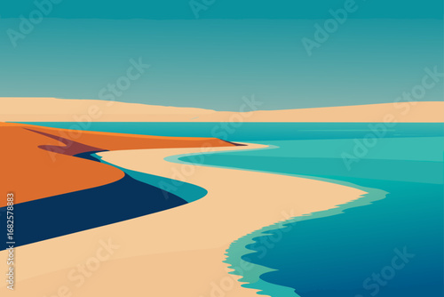 Stylized illustration of a serene coastal landscape with a curving sandy beach and calm turquoise ocean under a clear blue sky
