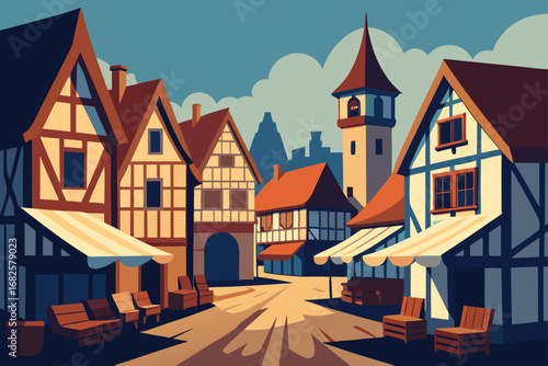 Charming european medieval town square with half timbered houses and a clock tower under a cloudy sky