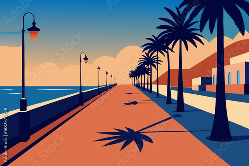 Stylized illustration of a coastal promenade lined with palm trees and streetlights at sunset with a view of the ocean and buildings