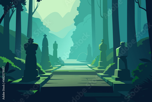 Mysterious ancient stone statues line a path through a misty verdant forest with distant mountains