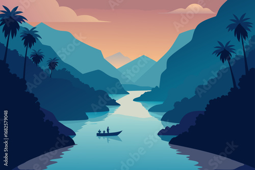 Serene tropical river valley at sunset with a boat and palm trees