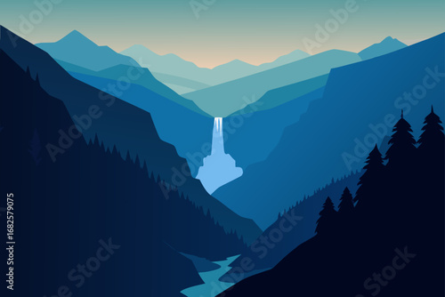 Serene mountain landscape with a cascading waterfall flowing through a deep valley at dawn