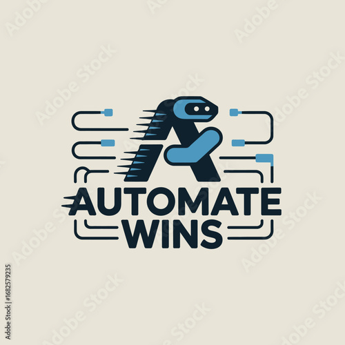 Dynamic robotic arm integrated into the letter a with the text automate wins symbolizing technological advancement and success in automation