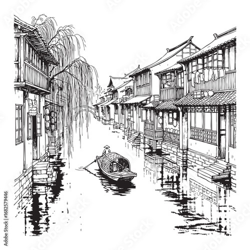 Traditional River Village Line Art Illustration
