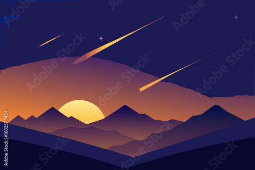 Stylized mountain landscape at sunset with shooting stars and a bright sun