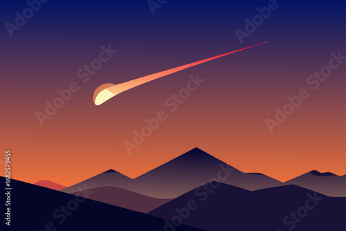 Stylized illustration of a glowing meteor streaking across a gradient sky above silhouetted mountains at dusk
