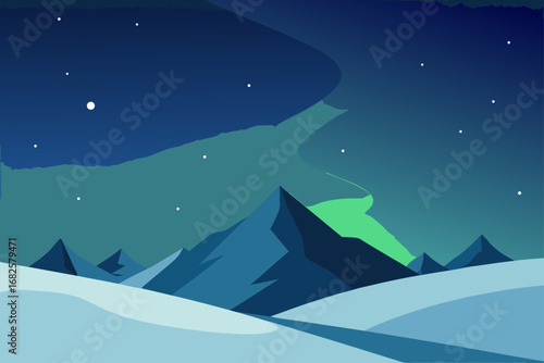 Stylized flat design of a winter mountain landscape under a starry night sky with the aurora borealis