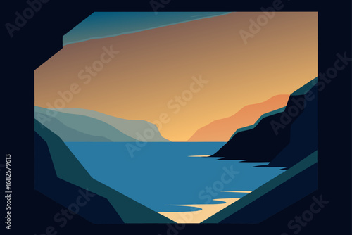 Stylized geometric landscape of a tranquil bay at sunset with layered mountains and calm blue water