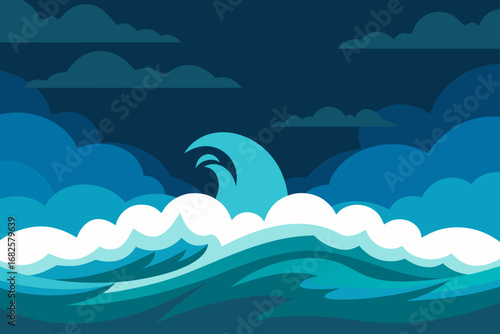 Stylized illustration of a dark stormy sea with large crashing waves and dramatic clouds in a flat design style