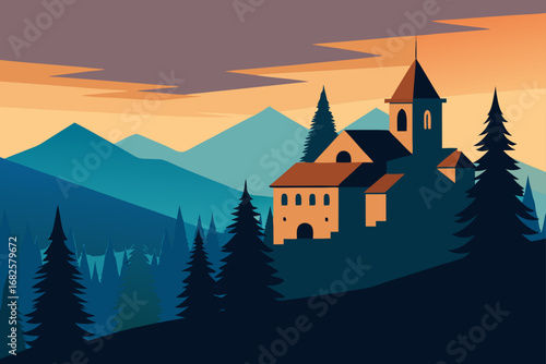 Stylized illustration of a church building nestled in a mountain landscape with pine trees at sunset