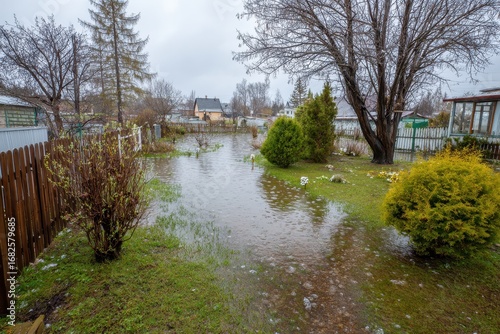 Flooded Lawn. Spring Thaw Causes Deluge Flooding in Garden with Bushes and Green Grass