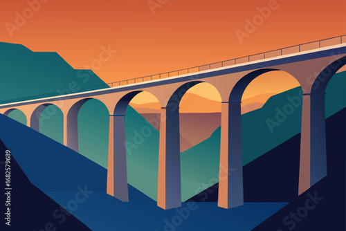 Majestic arched viaduct spans a deep valley under a vibrant orange sky at sunset