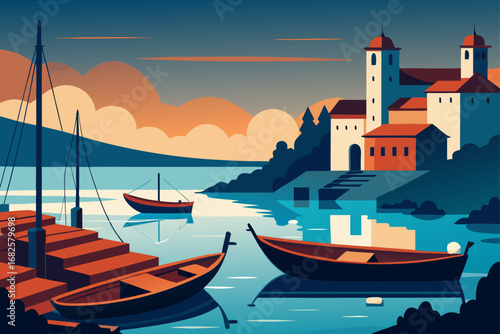 Serene coastal village with boats docked at a pier during a colorful sunset with warm orange clouds
