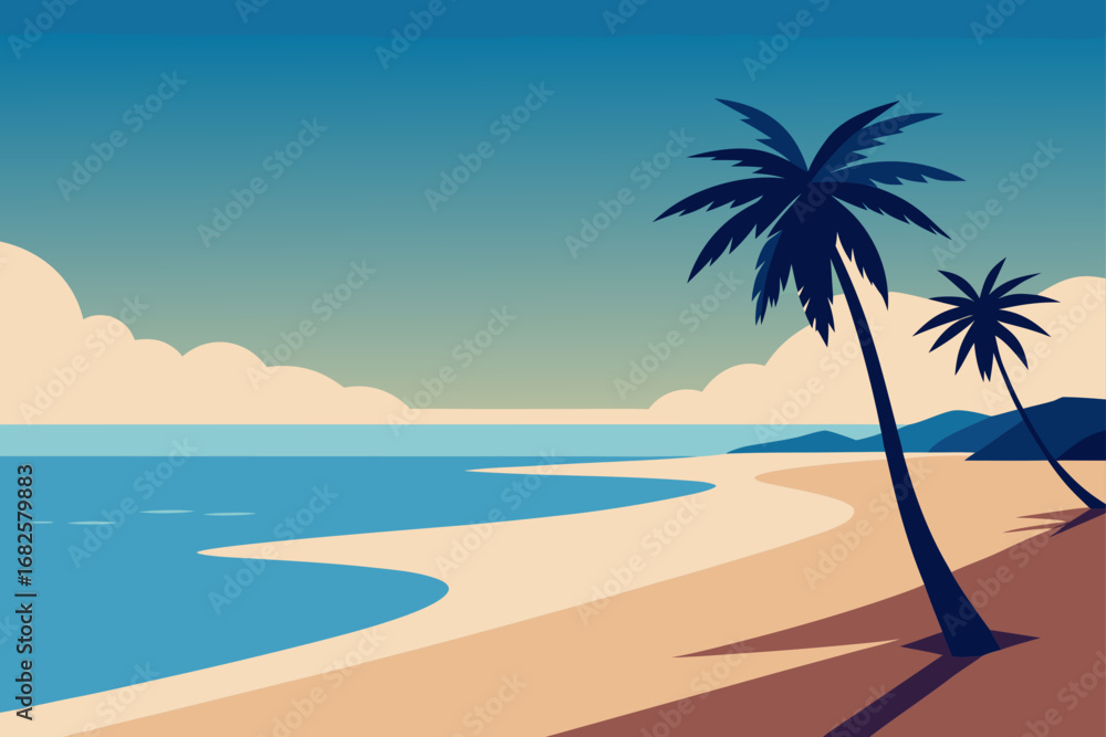 Fototapeta premium Stylized illustration of a serene tropical beach with palm trees and calm ocean waves under a clear sky