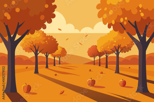 Stylized autumn landscape with colorful trees falling leaves and apples scattered on the ground