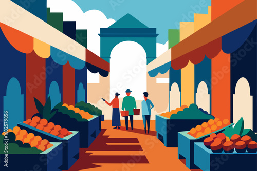 Vibrant illustration of people shopping at a colorful outdoor market with fresh produce and arched architecture