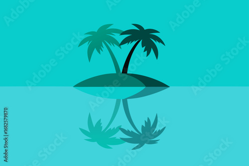 Minimalist illustration of two palm trees on a small island reflected in calm turquoise water