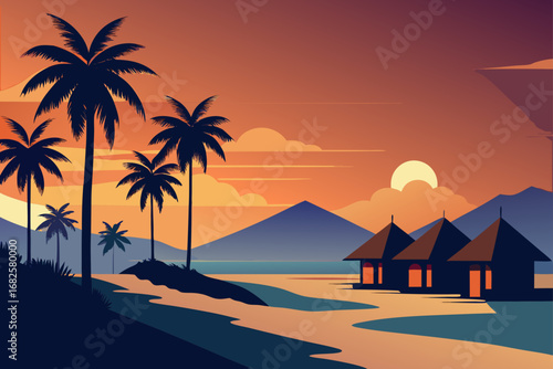 Serene tropical beach landscape at sunset with palm trees and bungalows