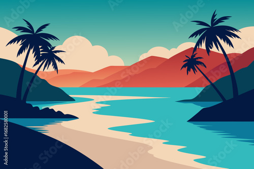 Stylized tropical beach landscape with palm trees and serene ocean water at sunset